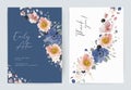 Pastel wedding invite card set. Dusty blue, pink anemone flowers, green leaves, blackberries, white hydrangea petals, golden