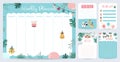 Pastel weekly planner with cake,tiger,giraffe,monkey,leaf