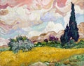 Pastel Wheat Field with Cypresses vintage illustration, remix from original painting by Vincent van Gogh