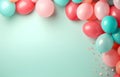 pastel white, pink and bluen balloon on light background for holiday birthday card decor top view
