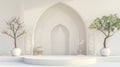pastel white podium with islamic decoration background, small date tree on vas. Generative Ai Royalty Free Stock Photo