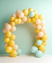 pastel yellow and light blue colors ballon arch with surreal background , ai generated Royalty Free Stock Photo