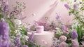 A pastelcolored flower garden serves as a picturesque background for this lilacthemed podium highlighting the dreamy and