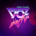 Paster template for retro disco party 70s. Neon colors and vinyl record on background. Vintage music flyer. Vector illustration Royalty Free Stock Photo