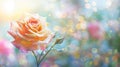 Paster yellow pink rose with glistening dewdrops. Flower blossom against bokeh light background