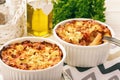 Pastitsio -greek casserole with pasta, meat, tomatoes and feta cheese.