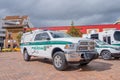 PASTO, COLOMBIA - JULY 3, 2016: white and green police pickup parked next to some othe police vehicles