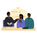 The pastor conducts church services online. Young African American couple listens to the priest. Internet Church. Royalty Free Stock Photo