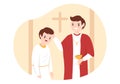 Pastor Giving a Sermon of God in Cassock at a Catholic Church from Pulpit and Baptism in Flat Cartoon Illustration