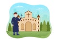 Pastor Giving a Sermon of God in Cassock at a Catholic Church from Pulpit and Baptism in Flat Cartoon Illustration