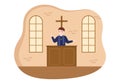 Pastor Giving a Sermon of God in Cassock at a Catholic Church from Pulpit and Baptism in Flat Cartoon Illustration Royalty Free Stock Photo