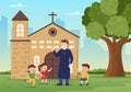 Pastor is Playing with Some Kids in Front of the Inner Catholic church in Flat Cartoon Hand Drawn Template Illustration