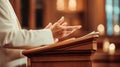 Pastor Preaching with Hands on Pulpit Delivering a Sermon. Generative ai Royalty Free Stock Photo