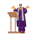 Pastor in round glasses and cassock reads sermon flat style