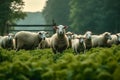 Pastoral beauty, sheep grazing harmoniously, creating a peaceful farm Royalty Free Stock Photo