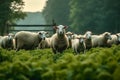 Pastoral beauty, sheep grazing harmoniously, creating a peaceful farm