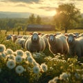 Pastoral beauty, sheep grazing harmoniously, creating a peaceful farm Royalty Free Stock Photo