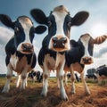 Three cows standing in a field, looking curious