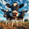 Three cows standing in a field, looking curious