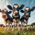 Three cows standing in a field, looking curious