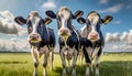 Three cows standing in a field, looking curious