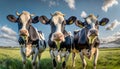 Three cows standing in a field, looking curious