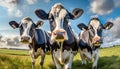 Three cows standing in a field, looking curious