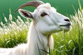 Pastoral Serenity: Goat Nibbling on Vibrant Green Grass Contrasted Against a Pure White Background