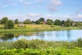 Pastoral village landscape on the lake in Belarus Royalty Free Stock Photo