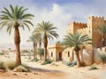 Pastoral Watercolor: Arabian Peninsula Landscape Painting from the Past.