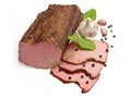 Pastrami decorated with garlic and black pepper Royalty Free Stock Photo