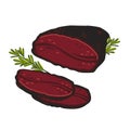 Pastrami. Meat delicatessen on white background. Slices of italian Smoked beef. Simple flat style vector illustration.