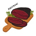 Pastrami. Meat delicatessen on a wooden cutting board.