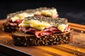 pastrami and swiss cheese sandwich on dark rye bread, shot from the side Royalty Free Stock Photo