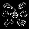 Pastries and coffee. Set of doodles, hand drawn simple sketches of different kinds of bakery products