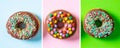 Donuts with chocolate glaze, sprinkles, three, top view and isolated, blue pink green background. Royalty Free Stock Photo
