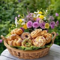Pastries Filled Basket on Wooden Table