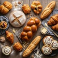 Are pastries with fruit fillings, cinnamon rolls with icing, and a Royalty Free Stock Photo