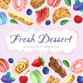 Pastries label, background template with fresh desserts illustration and lettering. bakery, confectionery banner, frame