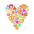 Pastries, sweets and candies vector heart background