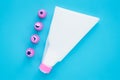 The pastry bag with nozzles on blue background. Cake decorating tools