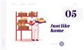 Pastry and Baked Food Production Manufacture Website Landing Page. Woman Baker in Sterile Uniform