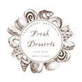 Pastry, bakery round label or frame with sweet desserts. bakeryhouse logo template. Pastry shop emblem. Patisserie