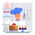 Pastry chef with cake and cakes. Flat vector stylized image
