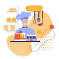 Pastry chef with cake and cakes. Flat vector stylized image