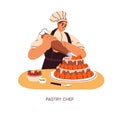 Pastry chef, confectioner cooking cake. Baker decorating dessert with cream from confectionery bag. Kitchen worker