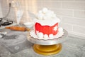 pastry chef decorates cake with powder, snow. Beautiful cake for Royalty Free Stock Photo