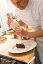 Pastry chef decorating cake with frosting