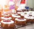 Pastry chef girl makes a cake from fresh biscuit berries and cream. Mass production of cakes and sweets, confectionery, cream cake