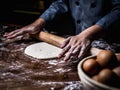 Pastry chef hand kneading Raw Dough with sprinkling white flour Royalty Free Stock Photo